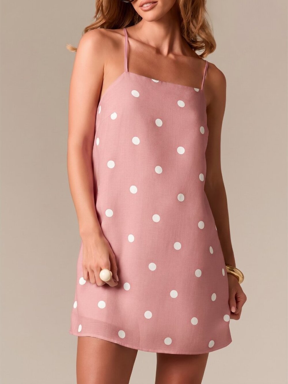 Pink Casual Women's Polka Dot Mini Dress Neck Spaghetti Straps & Crossback Tie - Picture 4 of 5